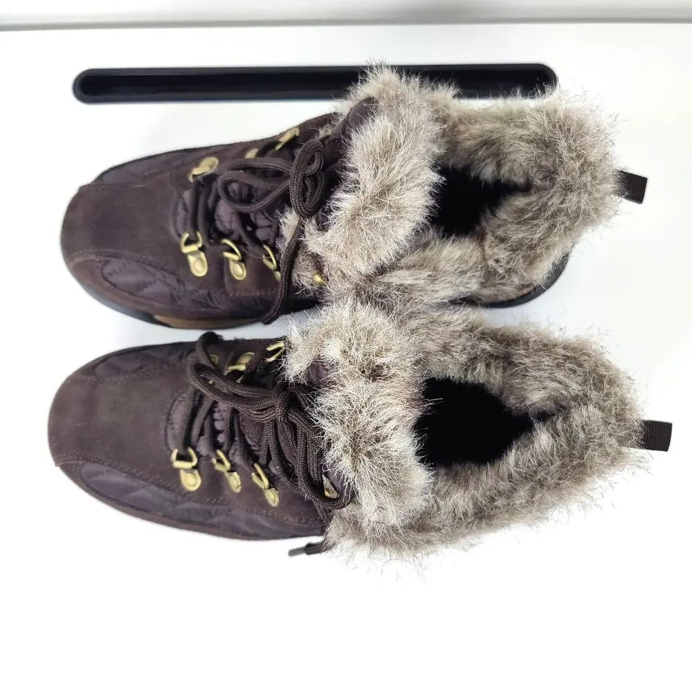 Lands' End Powder Belle Faux Fur Trim Winter Booties Brown Women's US 8 B
